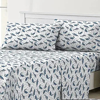 Dream Factory Kids Sheet Set Lightweight Microfiber Bed Sheets Super Soft Easy Wash Cozy Bedding 10��� Pocket - Full, Blue Sharks