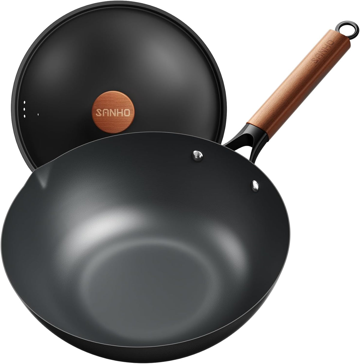 Sanho 12 Inch Carbon Steel Wok Pan, 4QT Woks & Stir-Fry Pans Nonstick with Lid, No Seasoning Required & 0 Coating, Compatible with All Cooktops & Utensils for Stir Fry, Pan-Fry, Steam, Camping