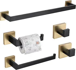 TURS 5-Piece Bathroom Hardware Set Black and Gold Towel Bar Sets Include 24 Inch Towel Bar Hand Towel Holder Toilet Paper Holder and 2 Towel Hooks,Stainless Steel Wall Mounted