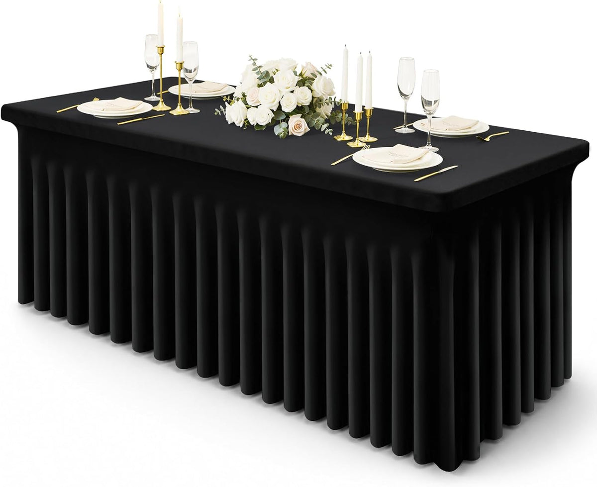 misaya Spandex Stretch Black Table Cloth Skirt for 6 Foot Rectangle Tables