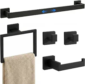 5-Pieces Matte Black Bathroom Accessories Set, 24 Inch Bath Towel Bar Set, SUS 304 Stainless Steel Bathroom Hardware Set, Towel Racks for Bathroom Wall Mounted