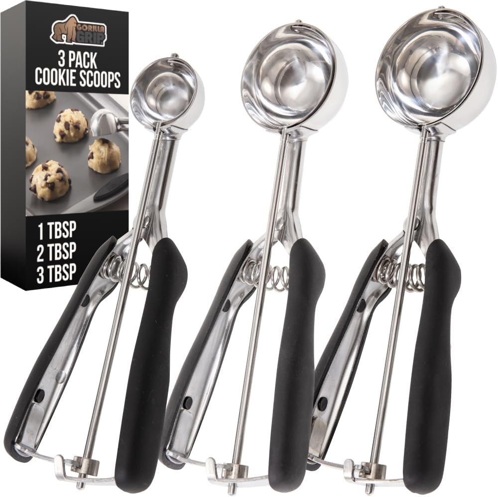 GORILLA GRIP 304 Stainless Steel Cookie Scoop, 3 Pack 1, 2, 3 TBSP, Black
