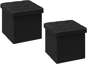 B FSOBEIIALEO 12.6" Folding Storage Ottoman Foot Rest, Linen Black, 2 Pack