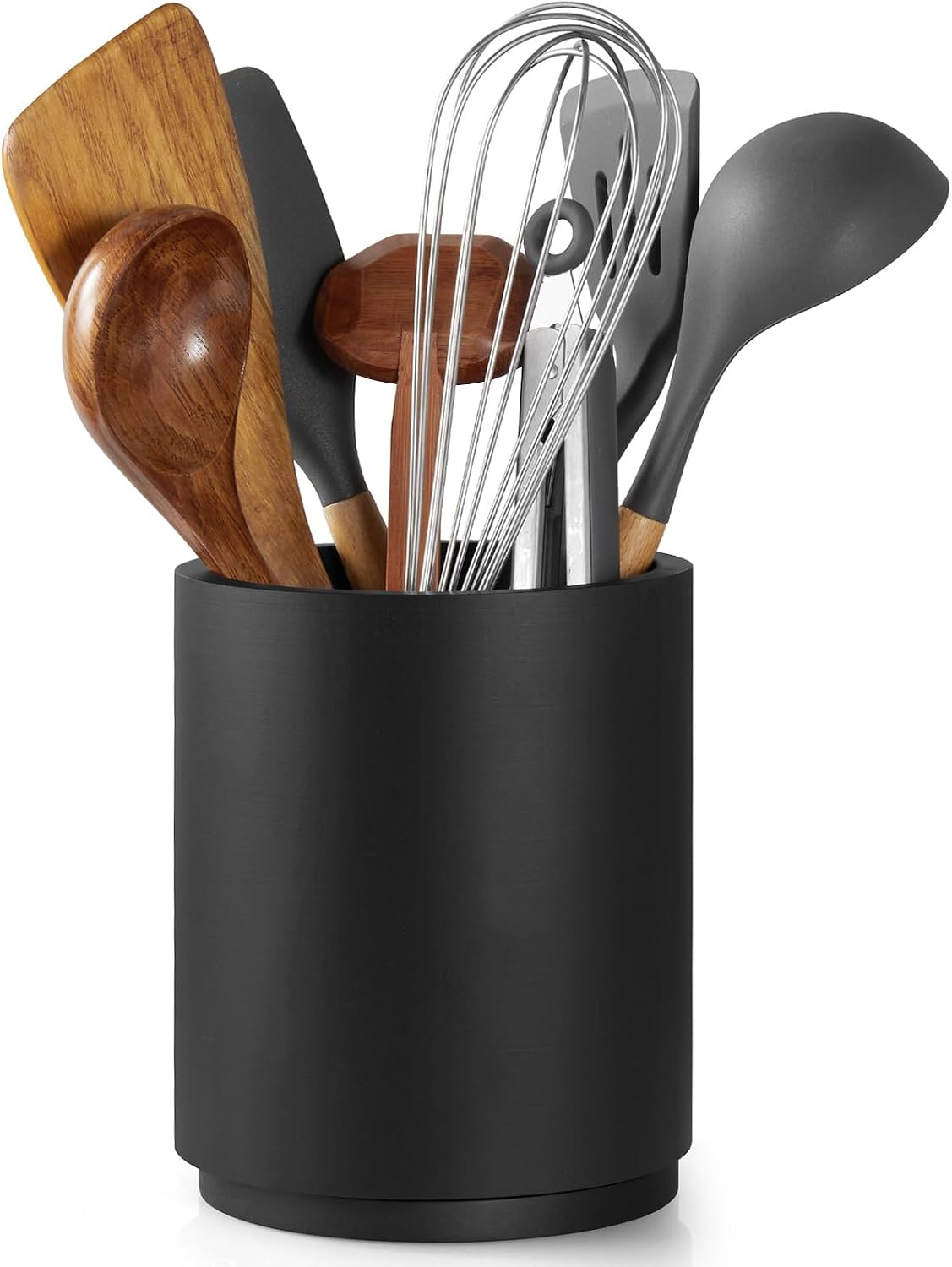 Bivvclaz Wooden Utensil Holder, 360Rotating 7.2" Utensil Holder for Kitchen Counter, Large Kitchen Utensil Holder, Cooking Utensil Crock for Countertop, Black Kitchen Decor and Accessories