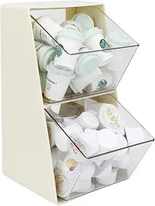 Bokelai Coffee Pod Holder with 2 Large Capacity Basket K Cup Storage Container Coffee Bar Accessories for Creamer Suger Plastic Desk Box Tea Bag Organizer Creamy White/Clear