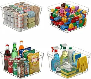 MOONEDGE 4-Pack 10x10x6 Clear Plastic Cube Storage Bins with Handles