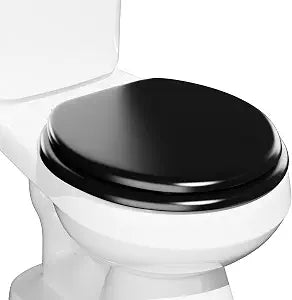 Round Black Wood Toilet Seat with Baked Enamel Finish, Heavy Duty Round Toilet Seat for Bathroom, Support 400 lbs, Wooden Toilet Lid with Chrome Hinge, Grip-Tight Bumpers, Easy Clean, Quick Assembly