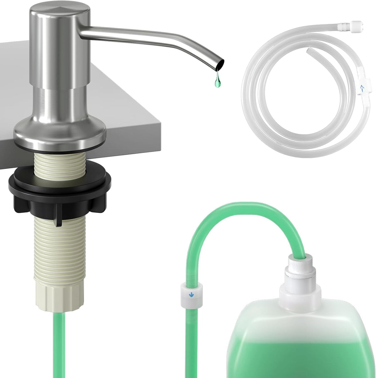 Soap Dispenser for Kitchen Sink, Built in Sink Soap Dispenser (Brushed Nickel), Countertop Soap Dispenser Pump with 47" Extension Tube kit, No Need to Fill Little Bottle Again (Longer Thread Shaft)