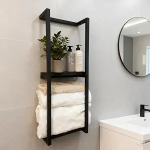Modern Towel Rack for Rolled Towels,Towel Rack for Bathroom,Wall Mounted Bathroom Organizer Storage,Metal Towel Holders with Wooden Shelf,11" L x 5.5" W x 30" H,Black