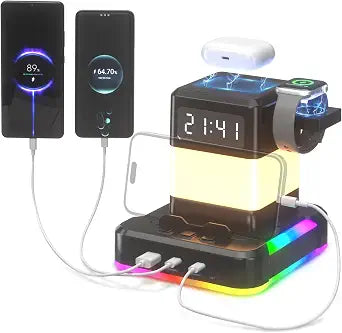 KDD Bedside Lamp with Wireless Charger, 6 in 1 Table Lamp with Digital Clock and USB A&C Ports for Watch Earbuds, RGB Nightstand Light with 4 Lighting Modes for Living Room, Bedroom, Kids Room