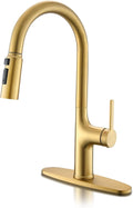 Gold Kitchen Faucets, Brushed Gold Kitchen Faucet with Pull Down Sprayer, Modern High Arc Brass Kitchen Sink Faucet, Stainless Steel Farmhouse Faucet for Kitchen Sink, Bar, RV,1 or 3 Hole