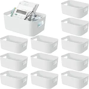 12 Pieces Plastic Storage Bins with Handles, 9.6 X 6.3 X 3.9 Inch, White
