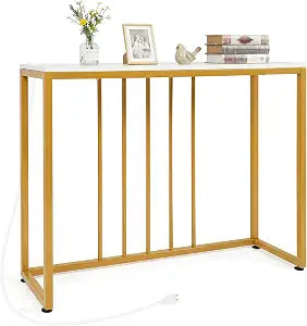 GIANTEX Console Table with Charging Station, 39" Gold Narrow Entryway Table