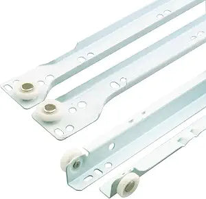 Prime-Line MP7210 Drawer Slide Kit  Replace Drawer Track Hardware  Self-Closing Design Fits Most Bottom/ Side-Mounted Drawer Systems 15-3/4 In. Steel Tracks, Plastic Wheels, White (1 Pair)