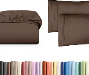 Full Size Fitted Bed Sheet + 2 Pillowcases Bundle - Hotel Luxury Single Fitted Bottom Sheet Only - Fits Mattress w/ Deep Pockets Between 8 to 16 inches - Ultra Soft, Breathable & Wrinkle Free - Brown