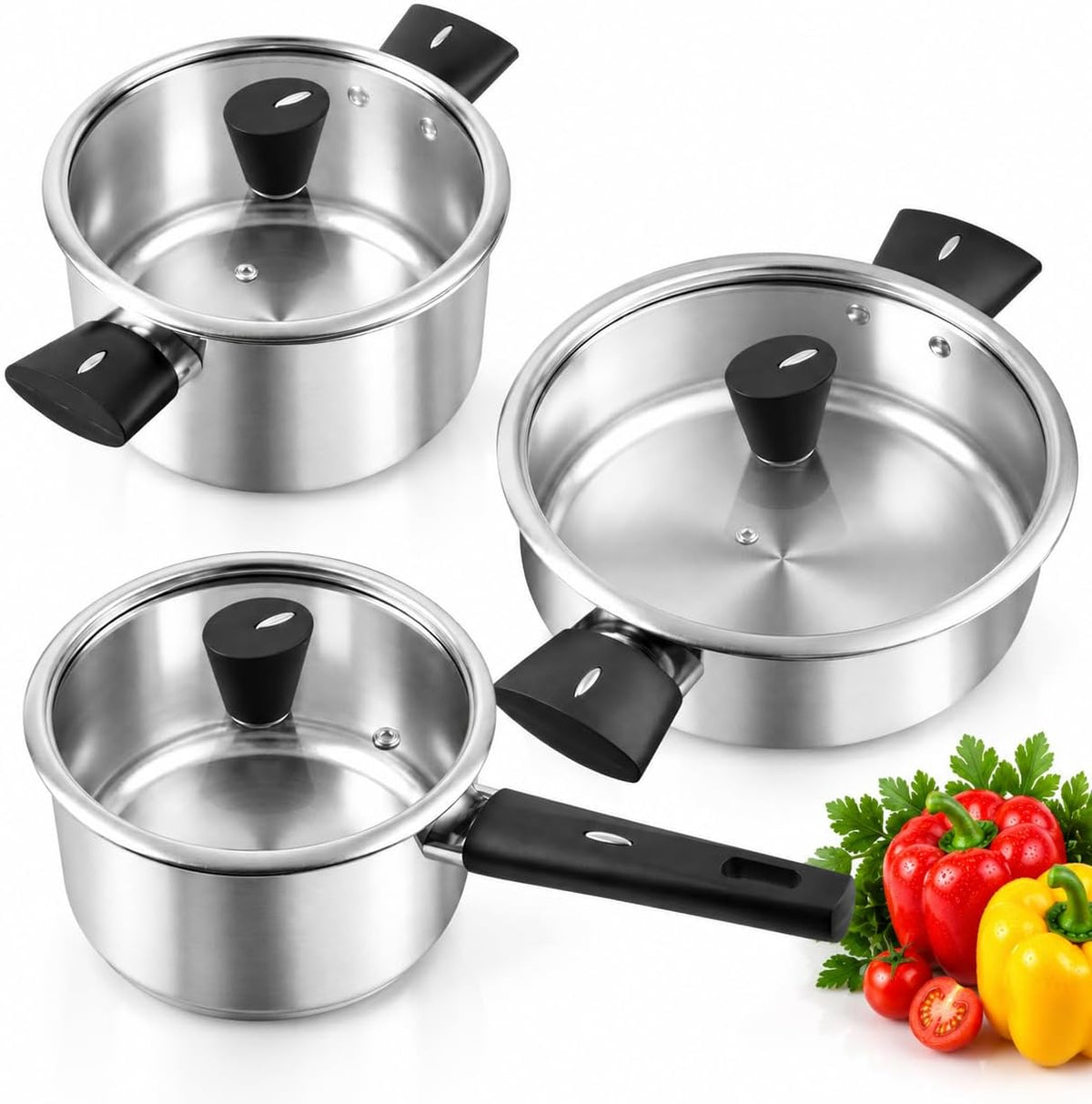 Meythway Stainless Steel Pots and Pans Set, 6-Piece Non Toxic Cookware Set with Glass Lids, Saucepan, Stockpot & SautÃ© Pan, Induction Compatible, Dishwasher Safe, Even Heating Kitchen Cooking Set