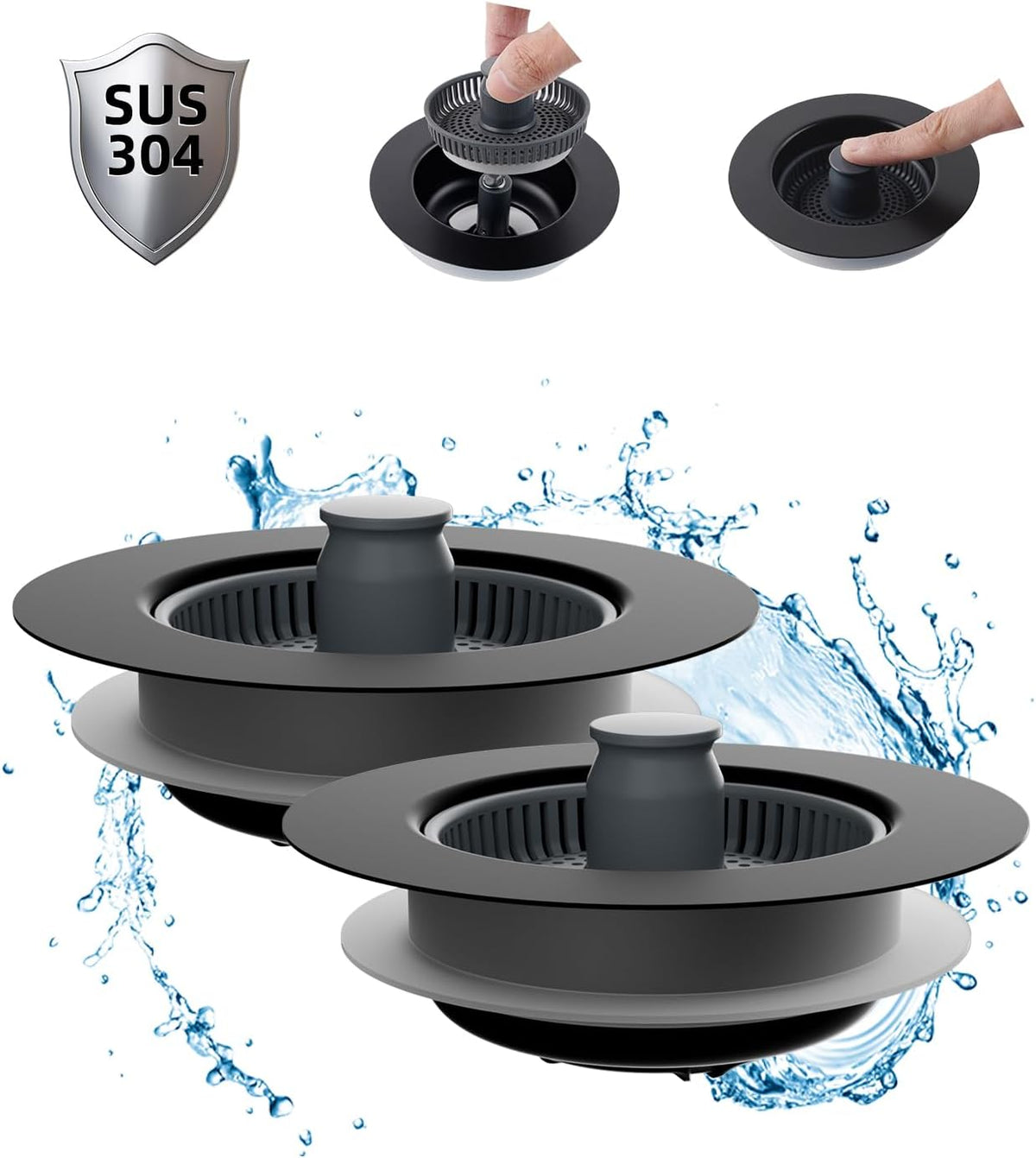 Hibbent 2 Pack Upgraded 3-in-1 Kitchen Sink Drain Strainer Combo, Black