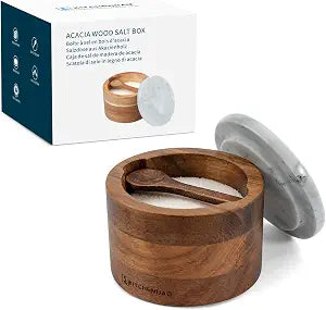 KITCHENDAO Acacia Salt Cellar Box Bowl with Built-in Spoon and Marble Lid, Solid Natural Acacia Wood Bath Sea Salt Container, Elegant Modern Grey and White Marble Lid Spice Bowl, 6oz Capacity