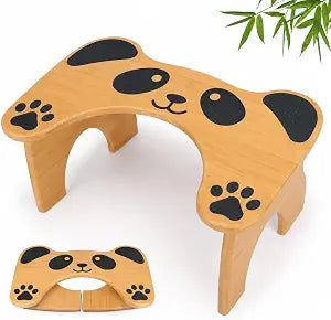Folding Bamboo Toilet Stool, Cute Panda Bathroom Squat Step Stool for Adults, Space-Saving Poop Footrest with Anti-Slip Grips & Smooth Edges