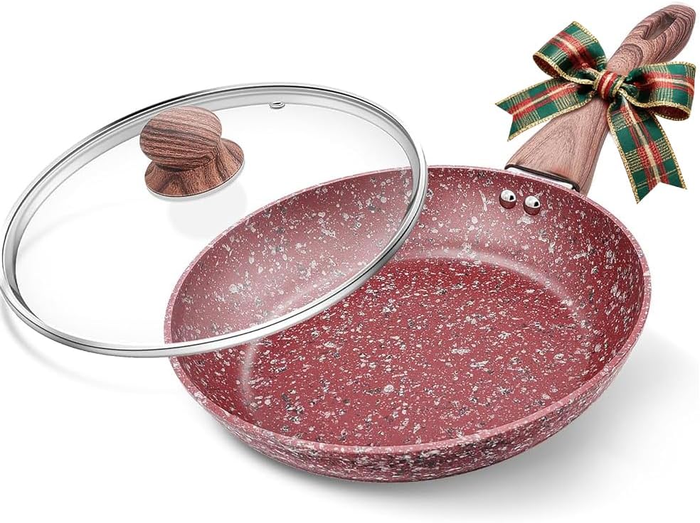 KOCH SYSTEME CS 12" Red Granite Non-Stick Frying Pan with Lid, Classic Pans with Non-toxic Nonstick Coating, Aluminum Skillet with Heat-resistant Bakelite Handle, Induction Compatible Frying Pan