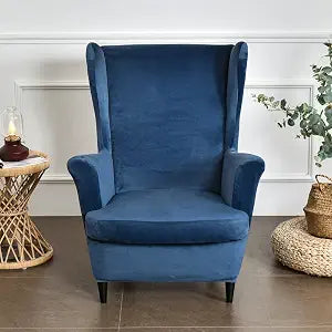 MIFXIN Wing Chair Slipcover 2 Piece Set Velvet Stretch Wingback Chair Cover with Cushion Cover Soft Washable Armchair Furniture Protector for Living Room Bedroom (Navy)