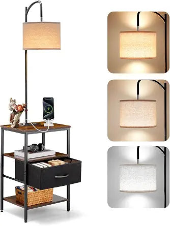VEVOR Floor Lamp with Table, 3-Tier End Table with Drawer and 3 Color Temperature Lighting, Modern Side Nightstand Bedside Desk with USB & Type C & AC Charging Port for Living Room, Bedroom, Dorm