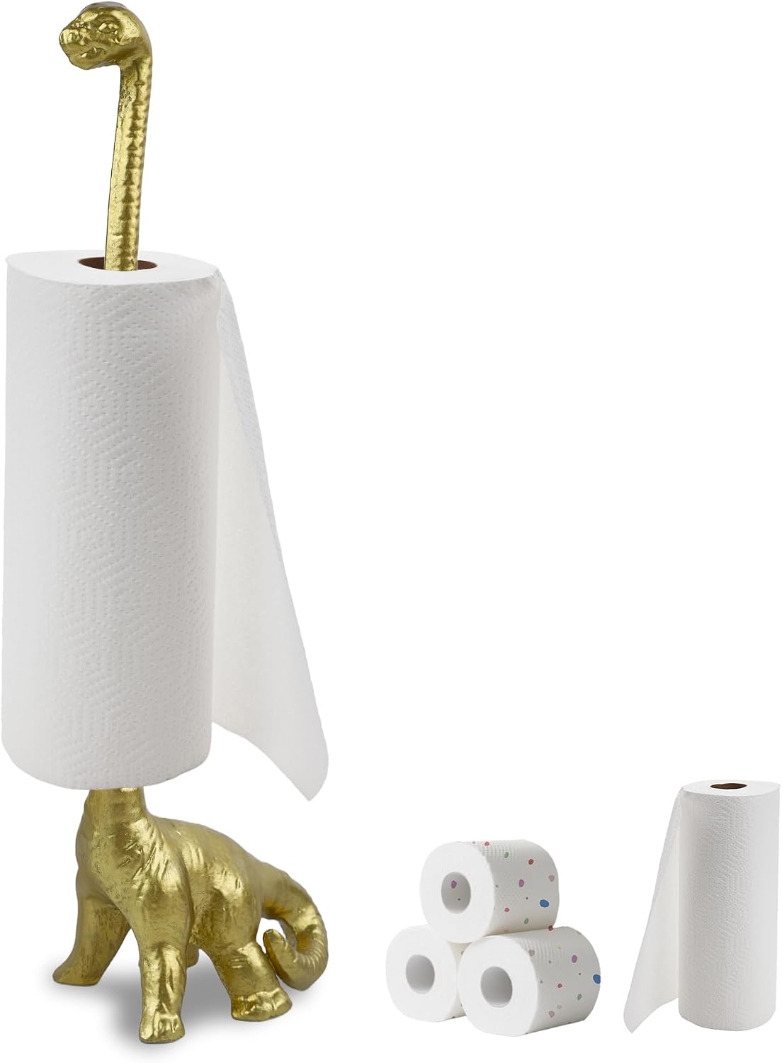 15" Dinosaur Paper Towel Holder for Bathroom & Kitchen - Luxury Cast Iron Free Standing Paper Roll Holder, Decorative Toilet Paper Stand with Weighted Base (Gold)