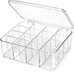 Socks Underwear Drawer Organizer, 16 Compartment Clear Plastic Storage Box with Lid & Adjustable Dividers, Tie Box, Tea Bag Organizer, Acrylic Organizer Box (12x10x3.9 Inch)