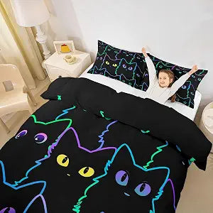 Erosebridal Cat Comforter Cover for Girls Kids Teens, Kids Duvet Cover Cartoon Queen Size Cat Gifts for Cat Lovers, Cute Animal Pet Bedding Gradient Line Cats Bed Cover with 2 Pillow Cases, Black