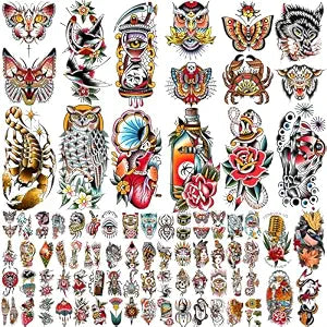 Yazhiji 77sheets Waterproof Fake Tattoo for Men or Women 17sheets Larger Half Arm Owl Peony Butterfly Snake Temporary Tattoos for Boy or Girl And 60 sheets Tiny Flower Tattoo Sticker for Kids