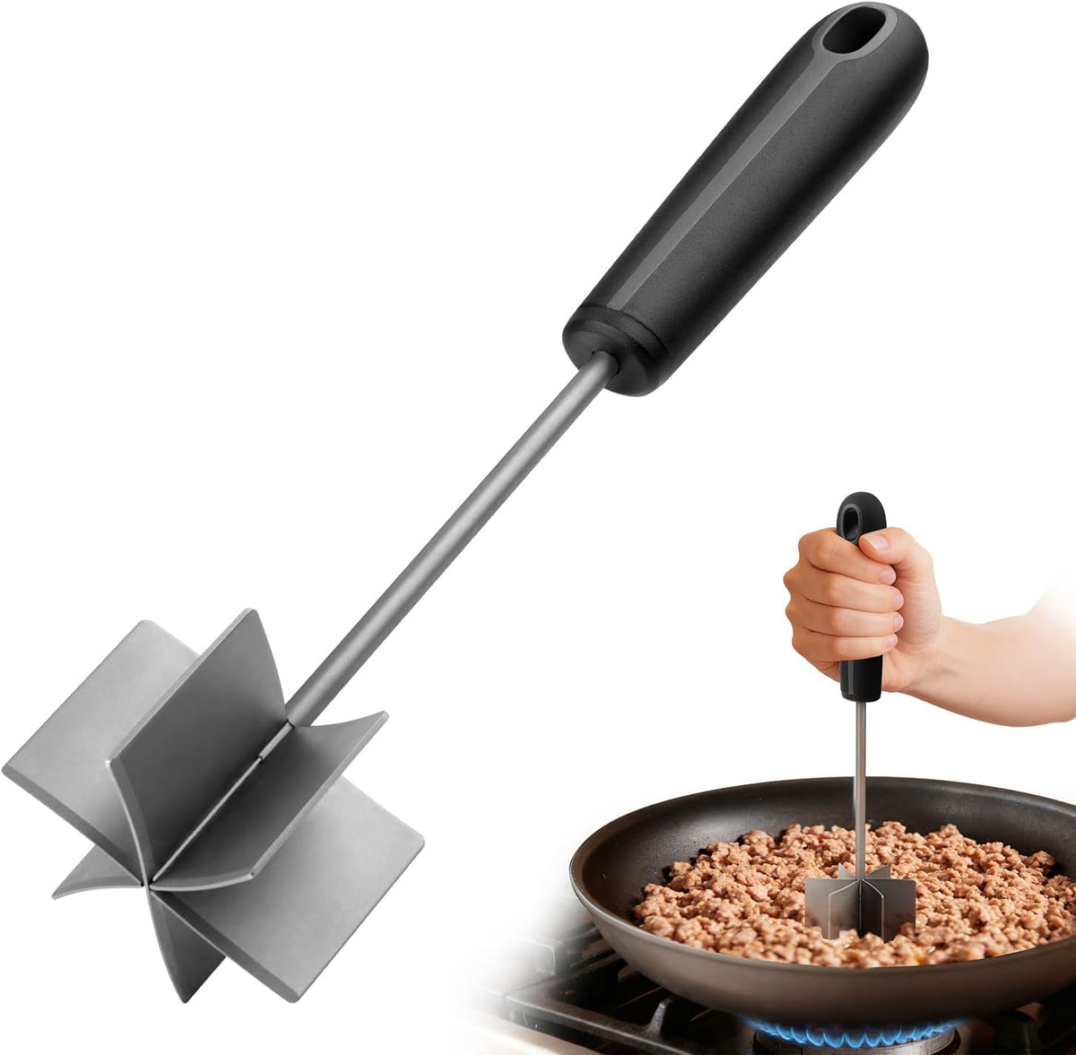 304 Stainless Steel Meat Chopper & Masher, Coinicxcel 10 Inch Heat Resistant Ground Beef Chopper Tool with 6 Curve Blades & Ergonomic Non-Slip Handle, Heavy-Duty Hamburger Smasher Tool Dishwasher Safe