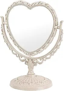 Heart Shaped Cute Vanity Princess Mirror for Desk,Double-Sided Rotatable Table with Stand Downtown Girl Room Coquette Decor (Beige)