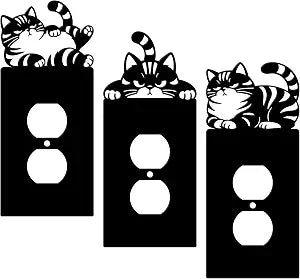 3pcs Black Metal Light Switch Cover Plate Decorative Cute Cat Electric Duplex Outlet Covers Wall Plate 1-Gang Wall Plates for Light Switches for Bathroom Kitchen Bedroom Decor