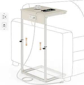Vagusicc C Shaped End Table with Charging Station, Adjustable Height Side Table for Couch, Small Side Table, 33.2'' Tall Couch Tables that Slide Under, Tv Tray End Table for Living Room, Beige
