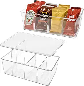 2 Pack Sauce Packet Organizer, Storage Box for Ketchup Packets, Hot Sauce Packets, and Condiment Packets, Made of Clear Plastic, Suitable for Kitchen Storage, Refrigerator Storage, One Lid Included