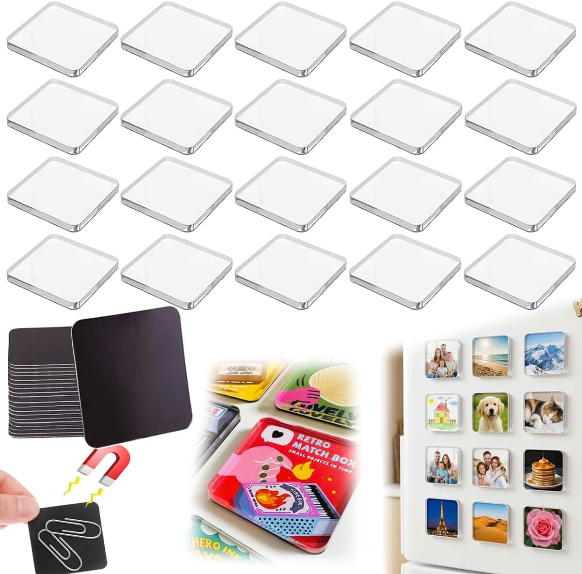 20â€‘Pack 2x2 Inch Clear Acrylic Square Photo Magnets, Peel & Stick DIY Magnet Frames for Fridge Decor