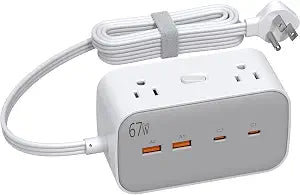 67W GaN Power Adapter, 6-Foot Ultra-Slim Flat-Plug Extension Cord with 8 AC outlets and 4 USB Ports (2 USB-C and 2 USB-A)a Compact Desktop Charger Ideal for iPhones, Travel, and the Office.