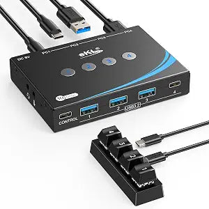 eKL USB 3.2 Switch for 4 Computers, 2 USB-C+2 USB-A 10Gbps Inputs, Share 1 USB-C+3 USB-A Peripherals Like Mouse Keyboard Printer Scanner, with 3.5mm Mic Headphone Jack, Includes 4 Cables & Controller