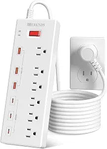 10 ft Power Strip with USB C Ports, HITRENDS Surge Protector with 6 AC Outlets & 6 USB Ports (3 USB C & 3 USB A), 20W PD Fast Charging Station, 6FT Flat Plug Extension Cord, 1625W/13A, for Home Office