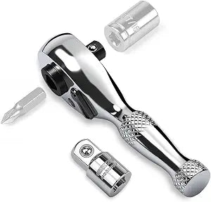 HORUSDY 1/4-Inch Stubby Ratchet Wrench Set, Chrome Alloy 90-Tooth Reversible 1/4" Drive Handle with Magnetic Bit Driver & 1/4" to 3/8" Adapter, Compact Socket Wrench for Tight Spaces, Auto, DIY