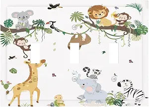 Jungle Animals Tree Branch Monkey Giraffe Lion Elephant Decorative Switch Plates 3 Gang Wall Plate Triple Toggle Light Switch Cover Faceplate Electrical Wall Panels for Kids Room Nursery Decor
