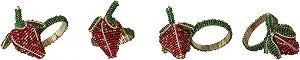 Creative Co-Op 4-Piece Round Handmade Glass Beaded Strawberry Napkin Rings with Gold Cord, Red, Green and Gold Finish