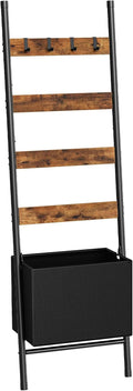 HOOBRO Blanket Ladder with Basket, 17.3" L x 74" H, Towel Rack with Hooks, Blanket Holder Rack, Decorative Ladder Shelf, Drying and Display Rack for Bathroom, Living Room, Rustic Brown BF111CJ01