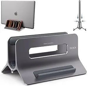 SODI Vertical Laptop Stand for Desk, Gravity Auto Lock MacBook Stand, Aluminum Laptop Holder Vertical Compatible with MacBook Pro, Air, Tablet, Space-Saving Organize Work & Home Office, Gray