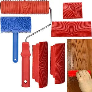 Wood Graining Tool Set, 6pcs 7" Fake Wood Grain Roller Painting Tool with Handle DIY Rubber Graining Tool Paint Look Like Wood for Wall Room Art Paint Decoration