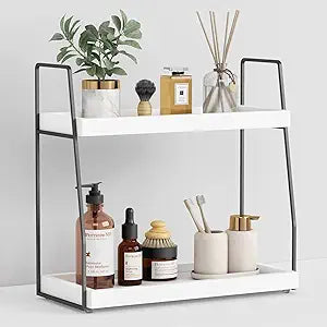 Forbena 2 Tier Bathroom Counter Organizer, White and Grey Coffee Bar Organizer for Countertop, Wood Shelf Tray for Vanity Makeup Storage, Small Kitchen Sink Top Organizers for Coffee Bar Station
