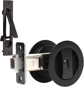Dontay Pocket Door Privacy Lock, Flush Handles, 2-3/8" Backset, (Bed/Bath) Latch, Recessed Knob, Hardware for 1 3/8 to 2 3/16 Thickness Door (Including Edge Pull, Matte Black, Round - 1 Pack)