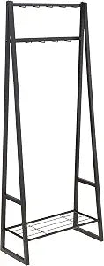 Amazon Basics 9 Hooks Coat Rack, Freestanding Entryway Shoe Bench with Metal 1-Tier Storage Shelf, Space Saving for Hallway and Bedroom, 13" D x 27.6" W x 69" H, Black