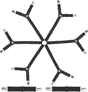 Sheet Fastener Kit with 6 Way Cross Sheet Clips and Non Slip Clip Adjustable Elastic Bed Sheet Holder Straps Fitted Sheet Suspenders Grippers for Round and Square Mattresses(Black)
