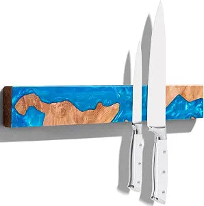 Magnetic Knife Holder for Wall, 16 Inch Burl Wood & Blue Resin Strip
